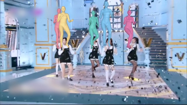 PromptHMR's meshes on the video at moment 3, with a zoom on one performer's legs