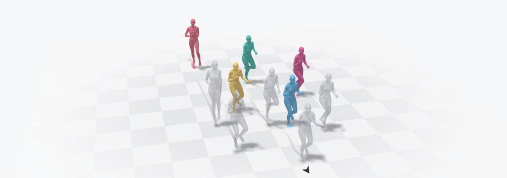 World space at moment 3: PromptHMR in gray has drifted toward the camera, ours stays where they dance